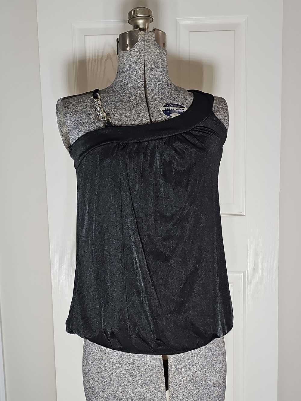 Yoon Me Black One Shoulder Chain Strap Slinky Blouson Tunic Top Size M